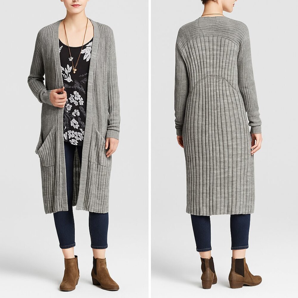 Free People‎ Shadow Stripe Knit Duster Cardigan Longline Gray Size XS Minimalist